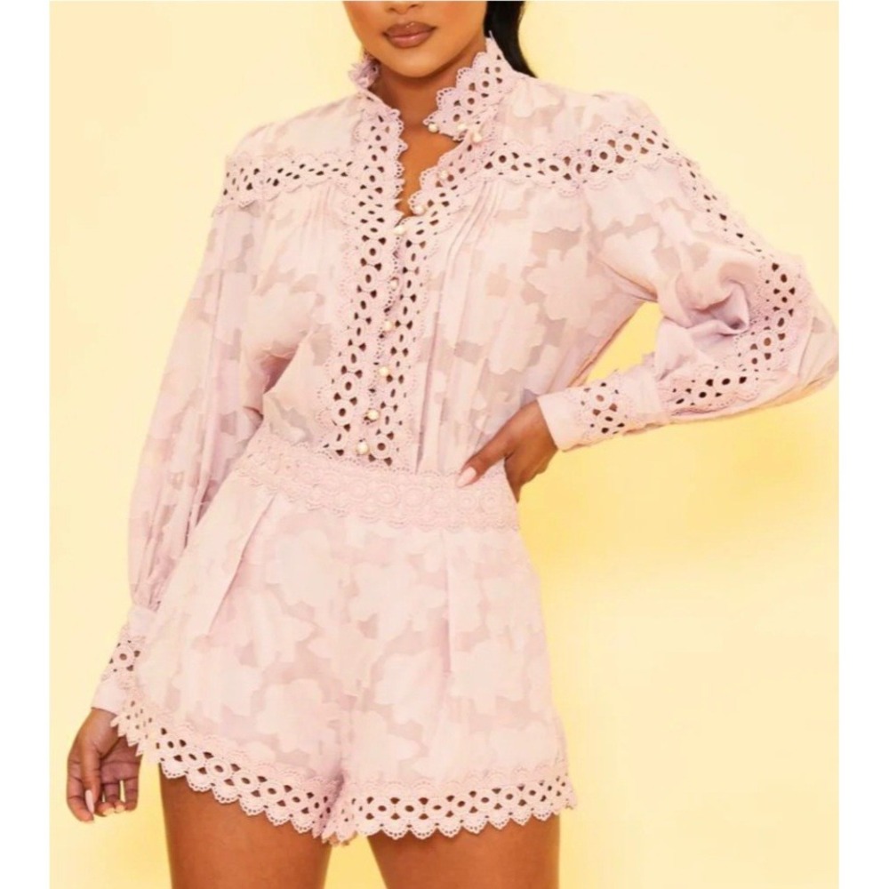 Luxxel Blush Pink Lace Eyelet Floral Jacquard Blouse and Shorts Set